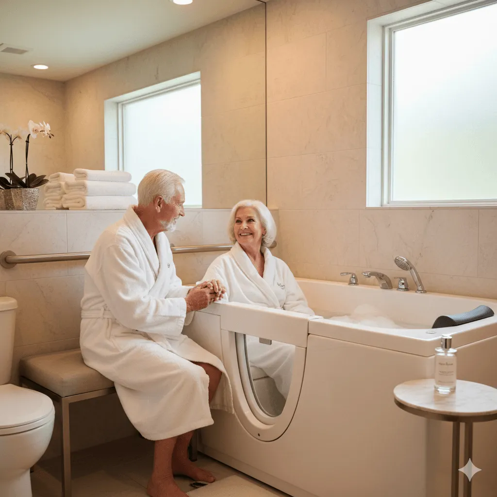 Aging in place bathroom planner woman sitting in walk in tub