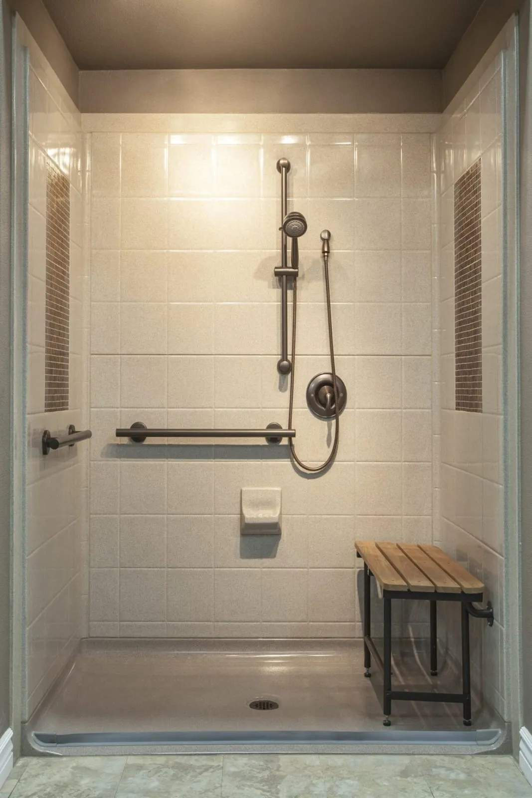 Barrier free roll in shower with tile backsplash and teak seat