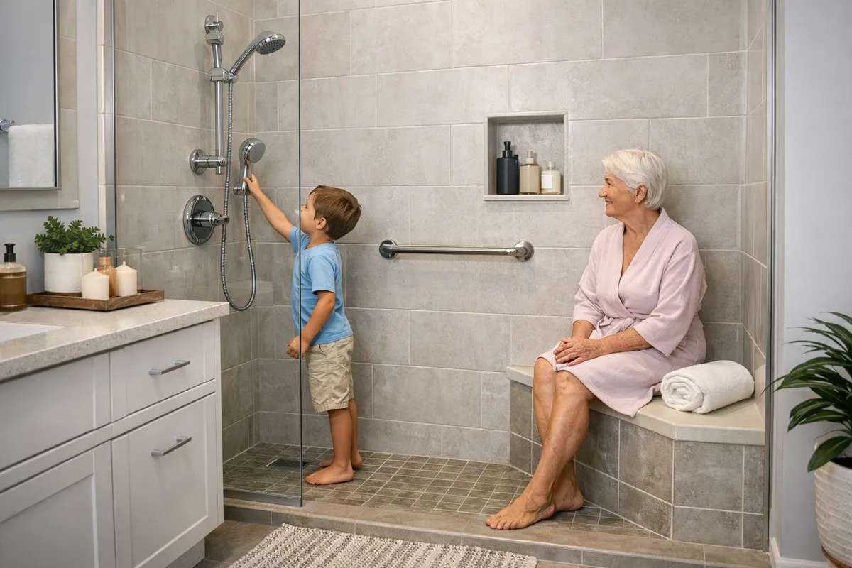 Modern multigenerational bathroom design with adjustable shower and built-in seating for aging in place