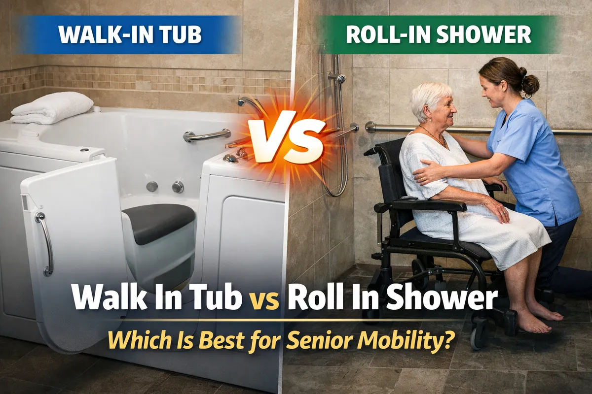 Walk in tub vs roll in shower comparison for senior mobility and accessible bathroom safety
