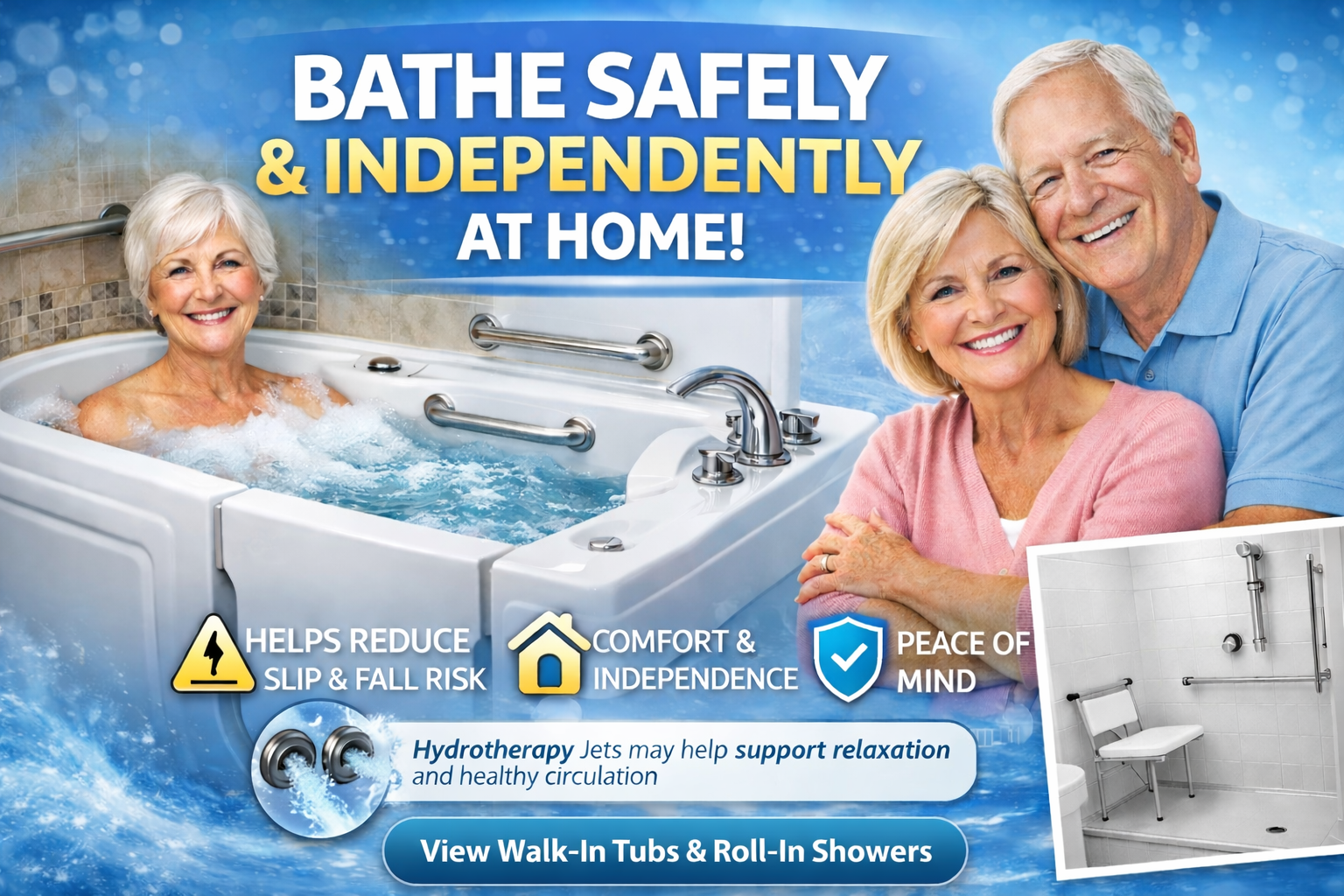 Aging Safely Baths walk in tubs roll in showers hero image