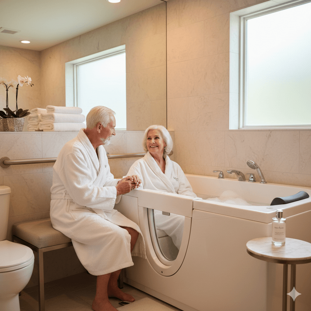 Aging-in-place-bathroom-planner-walk-in-tubs-roll-in-showers Aging in place bathroom planner woman sitting in walk in tub