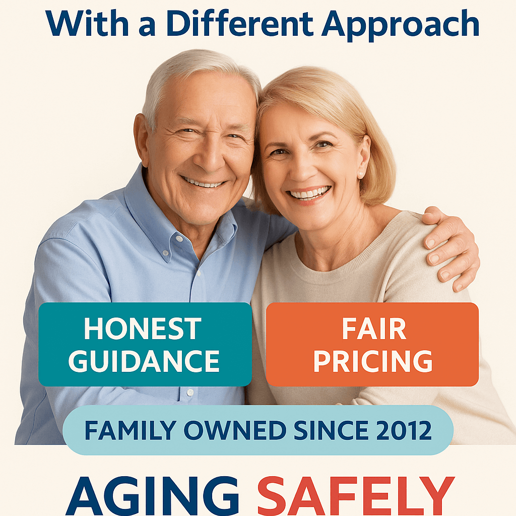 Smiling senior couple representing Aging Safely Baths no pressure walk in tub company with honest guidance and fair pricing.