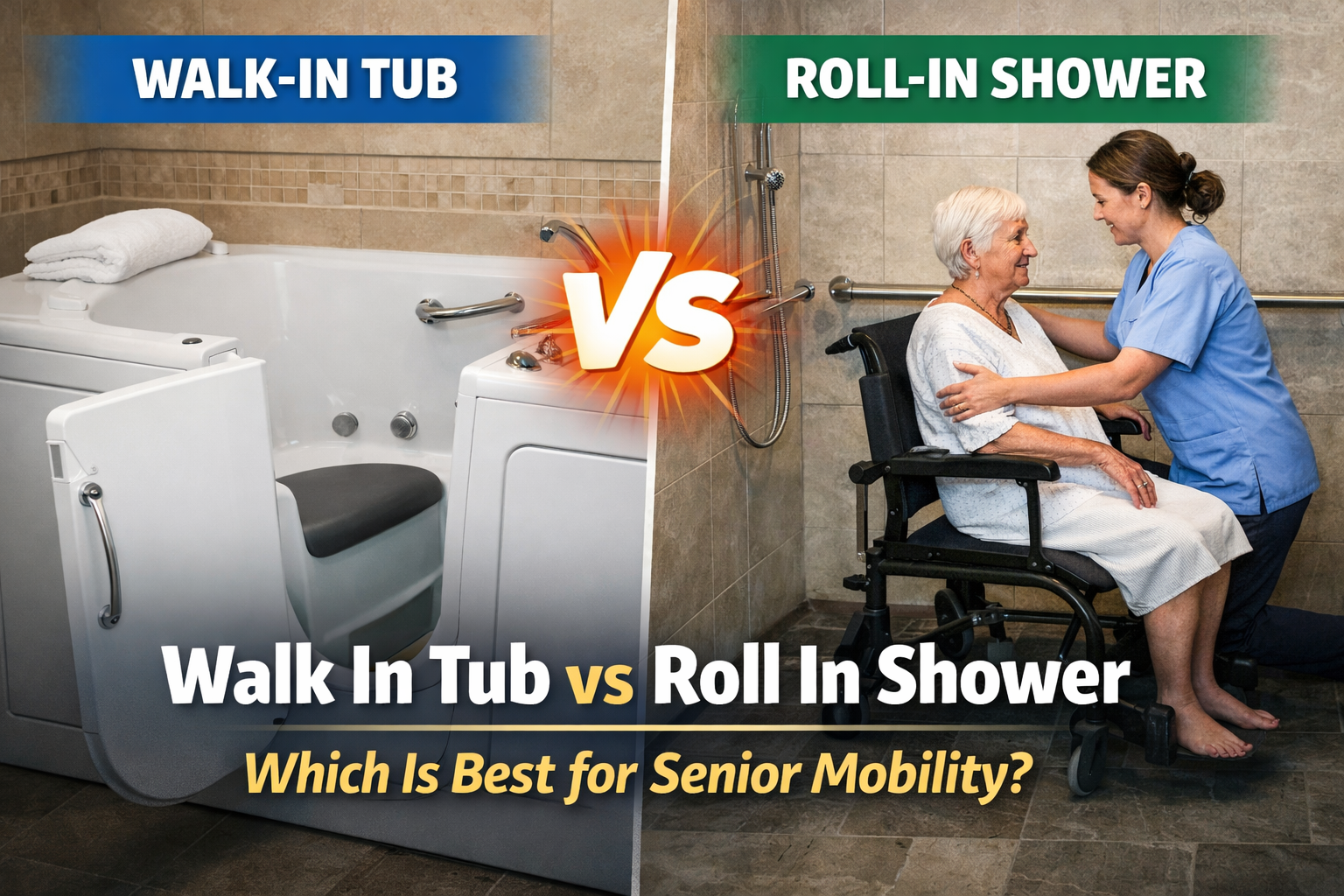 Walk in tub vs roll in shower comparison for senior mobility and accessible bathroom safety