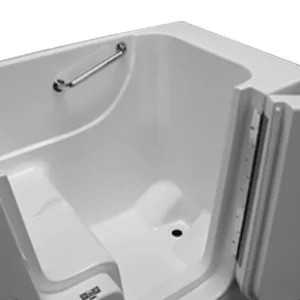 Interior of a Hydro Dimensions walk in tub showing the seat, grab bar and door