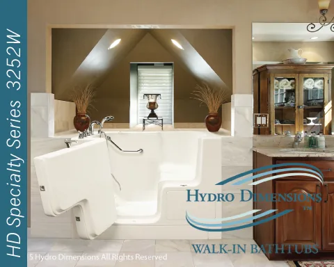 Hydro Dimensions 3252W wide-door walk in tub installed in a bathroom