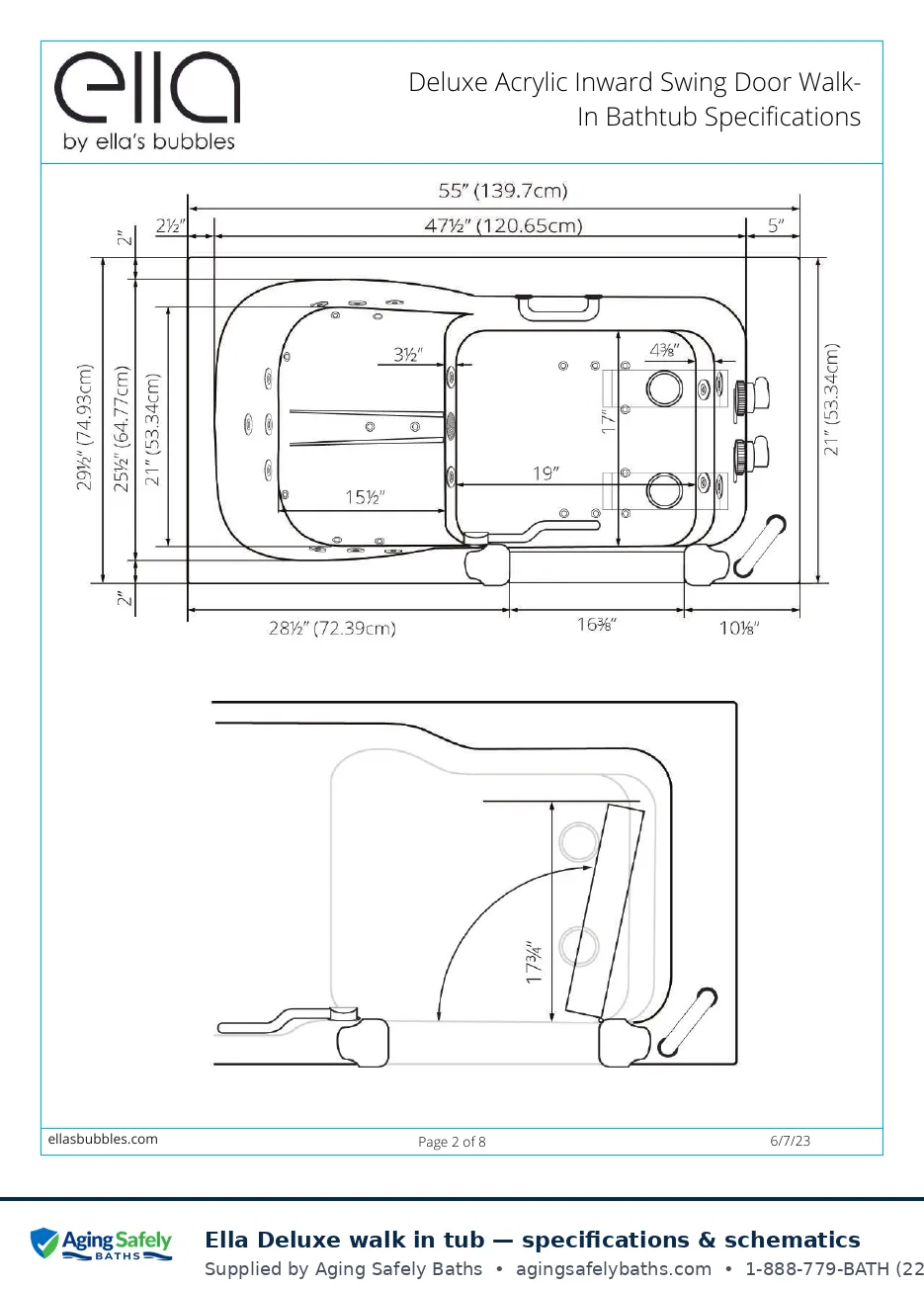 Ella's Bubbles Deluxe walk in tub factory schematic page 1: top view with door swing with every dimension