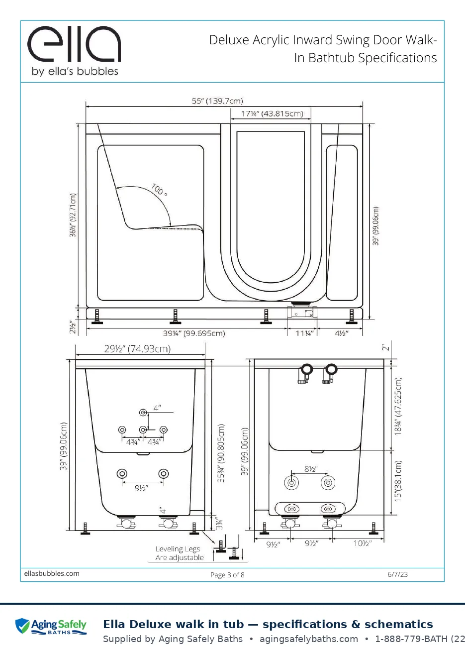 Ella's Bubbles Deluxe walk in tub factory schematic page 2: front, side and end elevations with every dimension