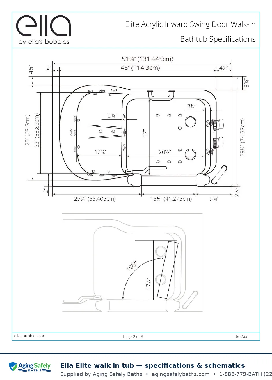 Ella's Bubbles Elite walk in tub factory schematic page 1: top view with door swing with every dimension