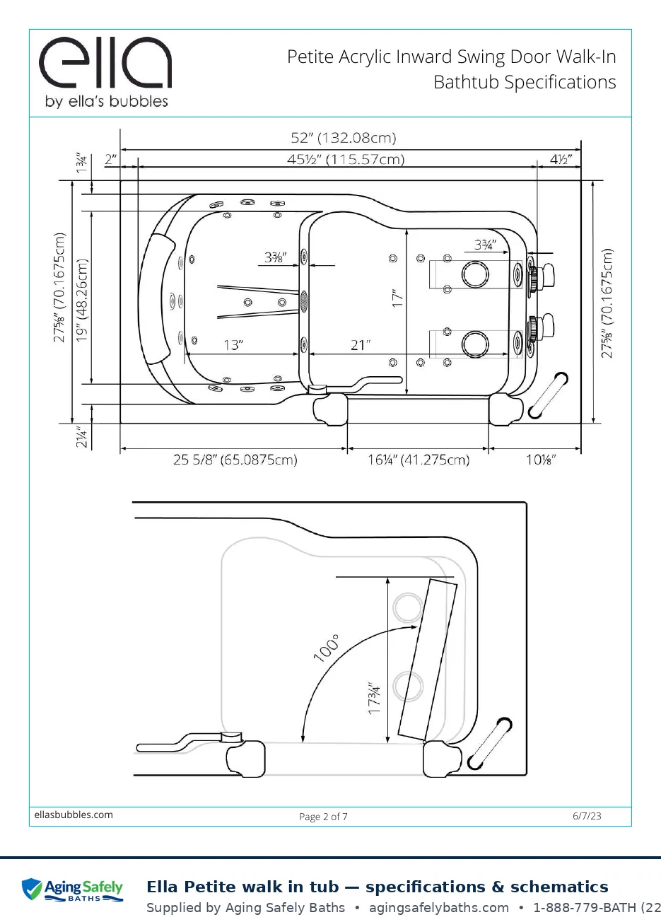 Ella's Bubbles Petite walk in tub factory schematic page 1: top view with door swing with every dimension