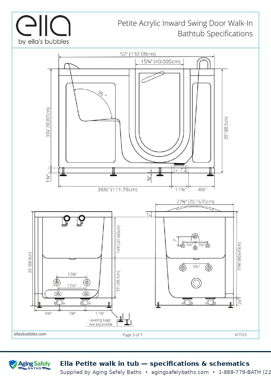 Ella's Bubbles Petite walk in tub factory schematic page 2: front, side and end elevations with every dimension