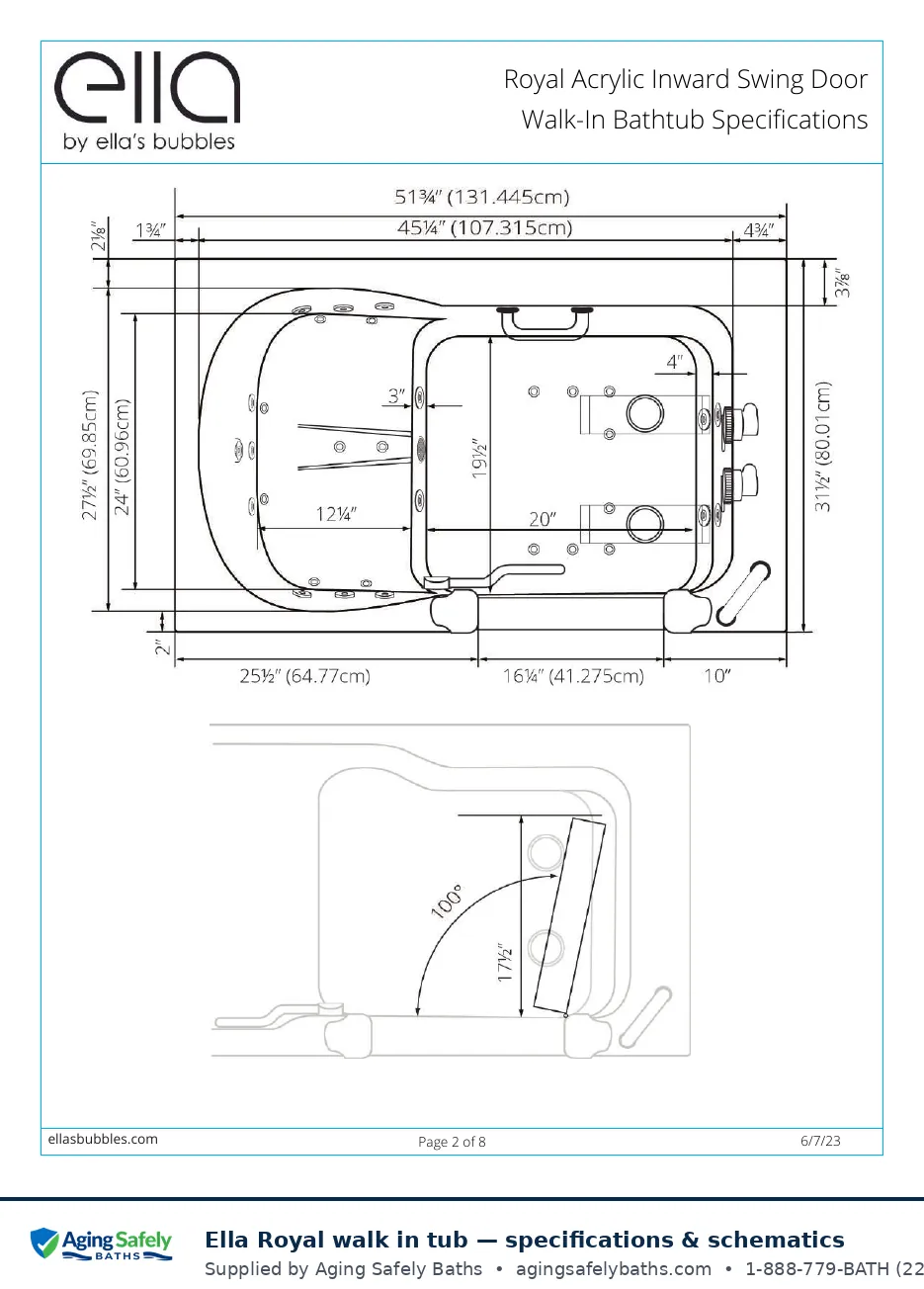 Ella's Bubbles Royal walk in tub factory schematic page 1: top view with door swing with every dimension