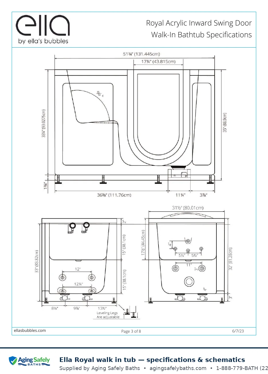 Ella's Bubbles Royal walk in tub factory schematic page 2: front, side and end elevations with every dimension