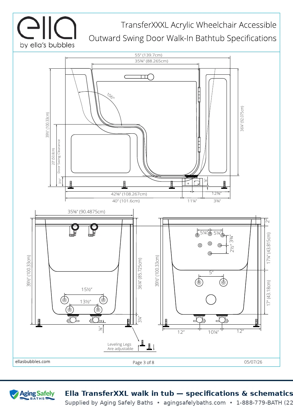 Ella's Bubbles TransferXXL walk in tub factory schematic page 2: front, side and end elevations with every dimension