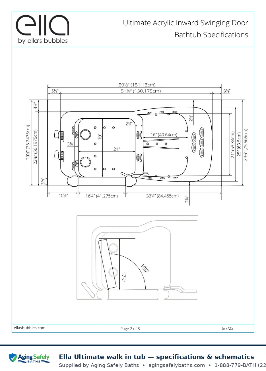 Ella's Bubbles Ultimate walk in tub factory schematic page 1: top view with door swing with every dimension