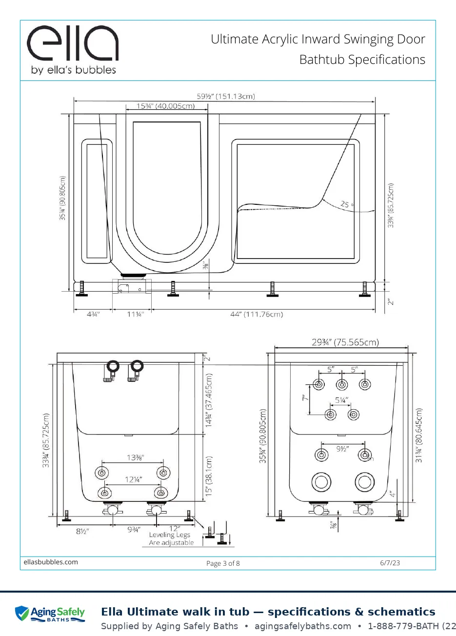 Ella's Bubbles Ultimate walk in tub factory schematic page 2: front, side and end elevations with every dimension