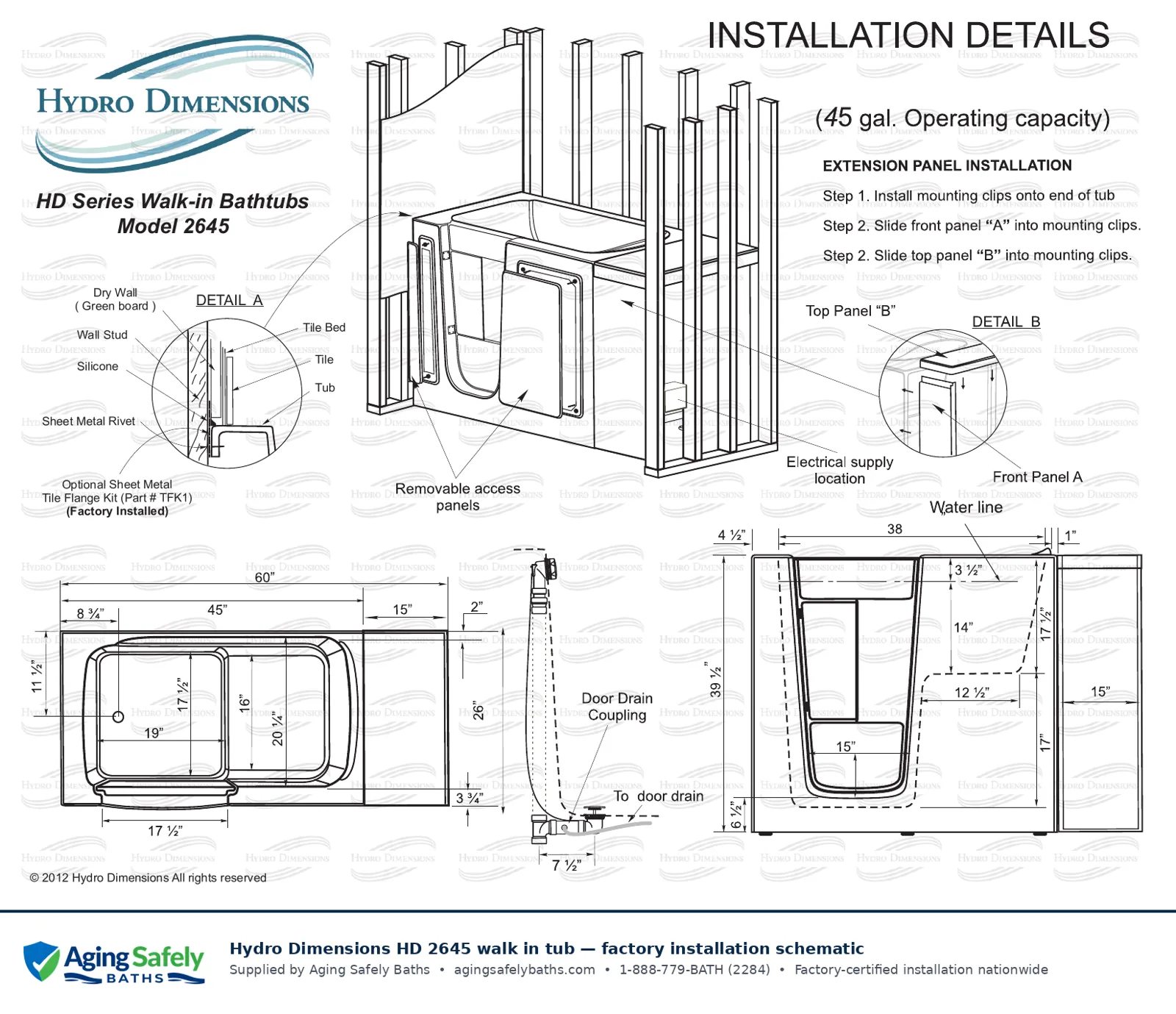 Hydro Dimensions 2645 walk in tub factory installation schematic: top view, side view and end view with every dimension