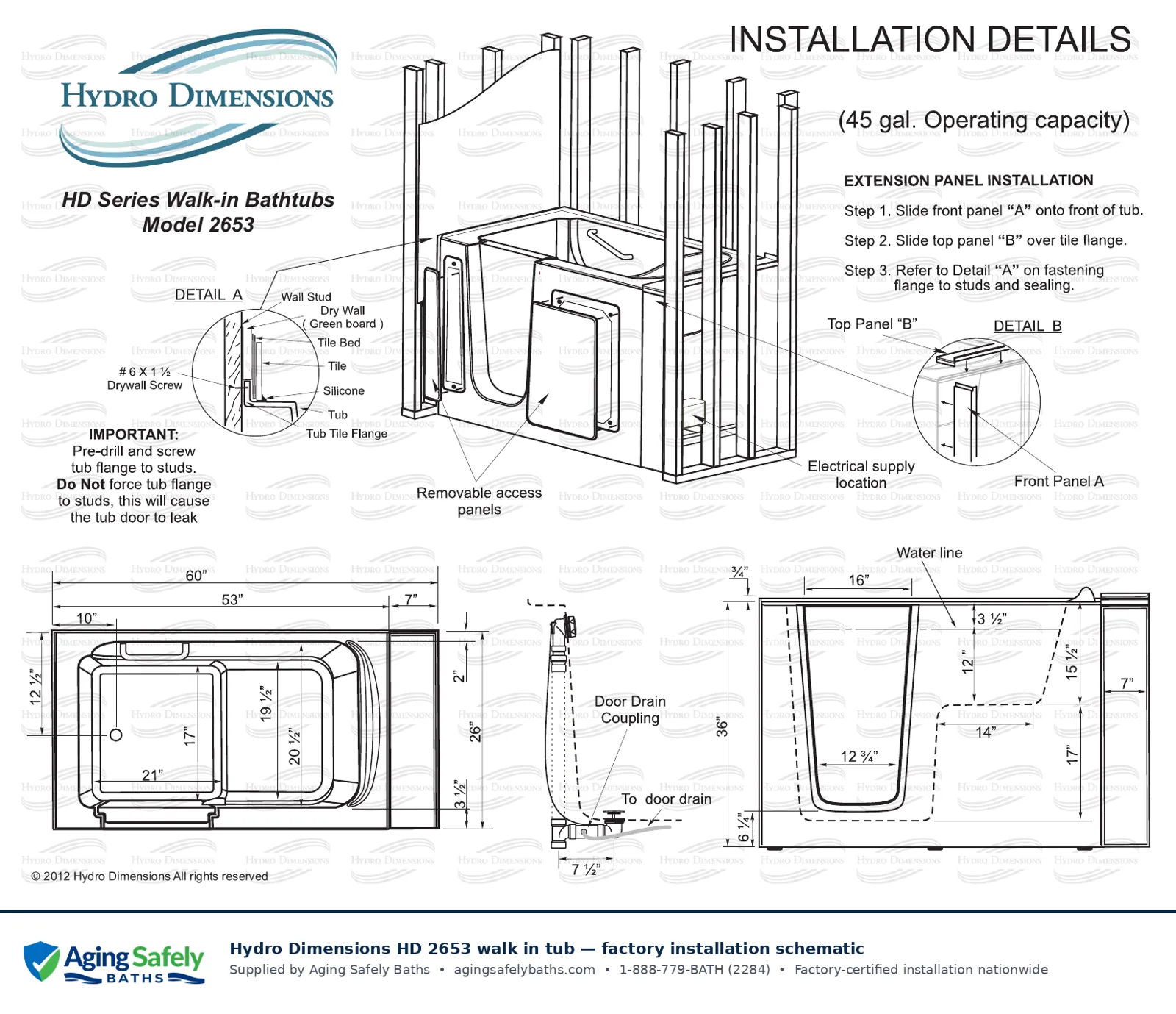 Hydro Dimensions 2653 walk in tub factory installation schematic: top view, side view and end view with every dimension