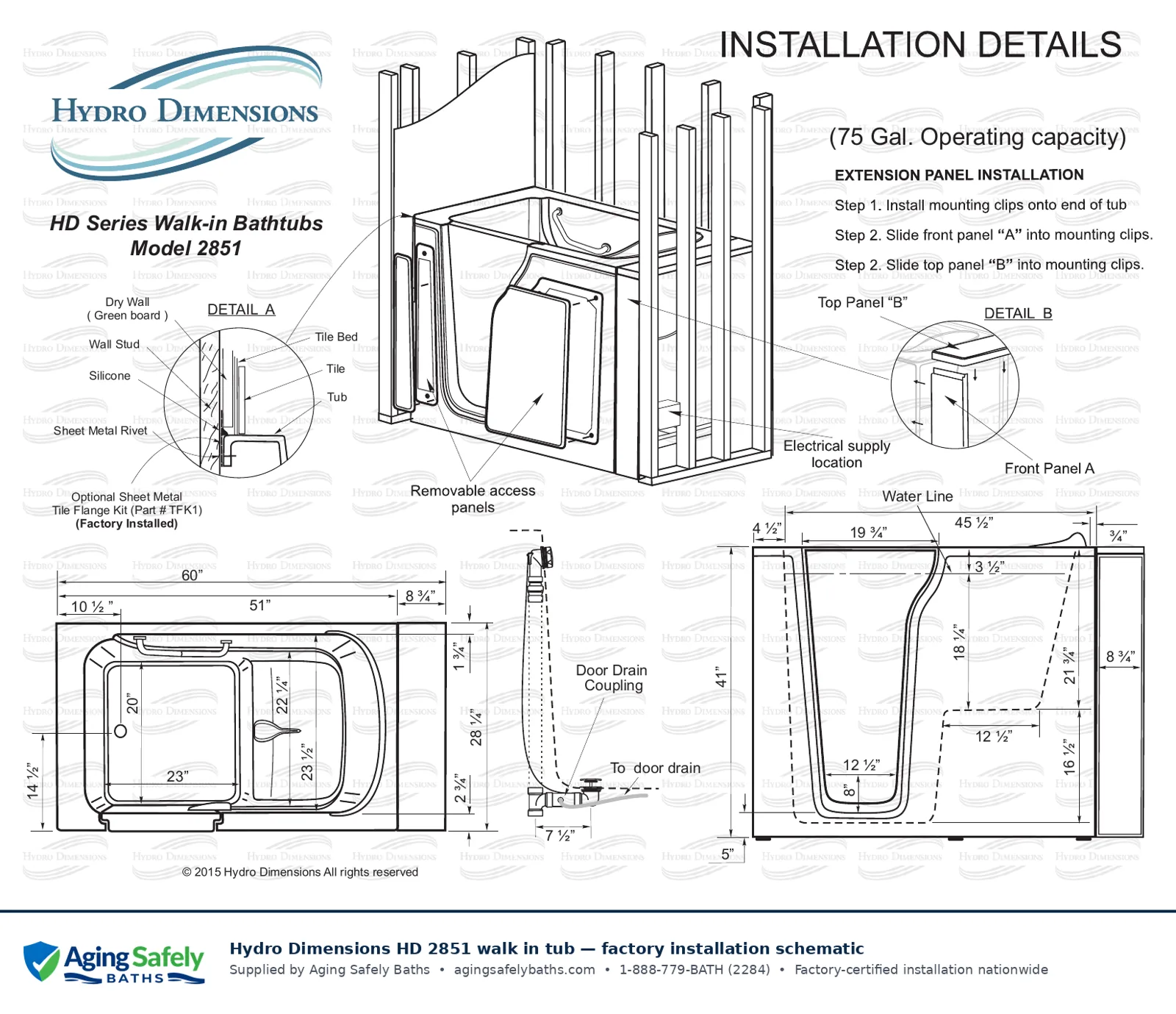 Hydro Dimensions 2851 walk in tub factory installation schematic: top view, side view and end view with every dimension