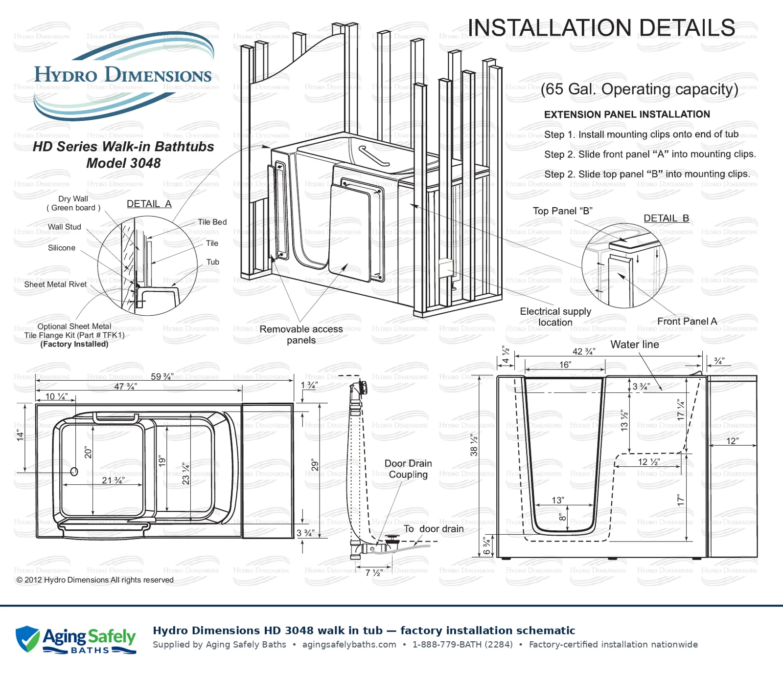 Hydro Dimensions 3048 walk in tub factory installation schematic: top view, side view and end view with every dimension