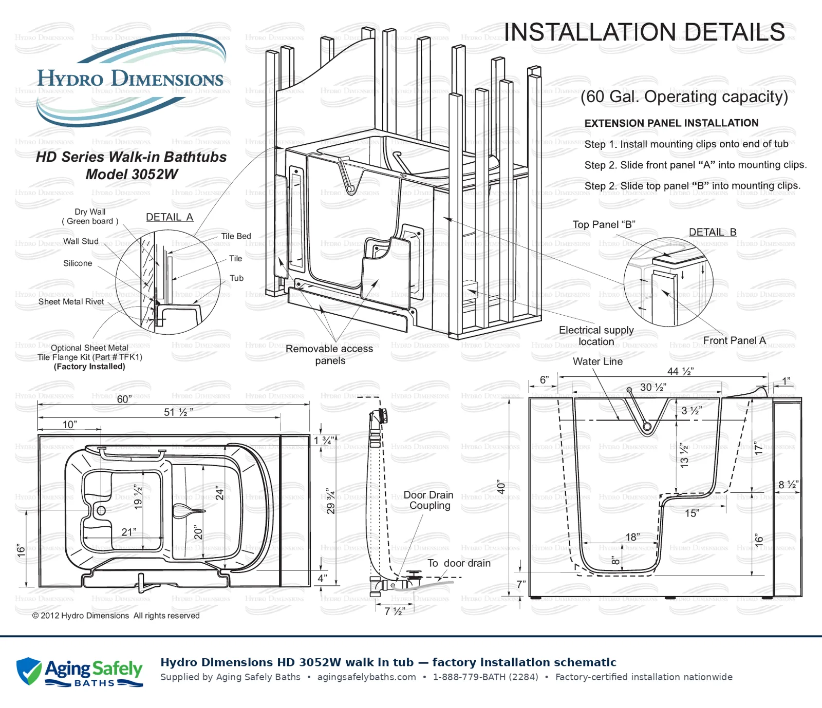 Hydro Dimensions 3052W walk in tub factory installation schematic: top view, side view and end view with every dimension