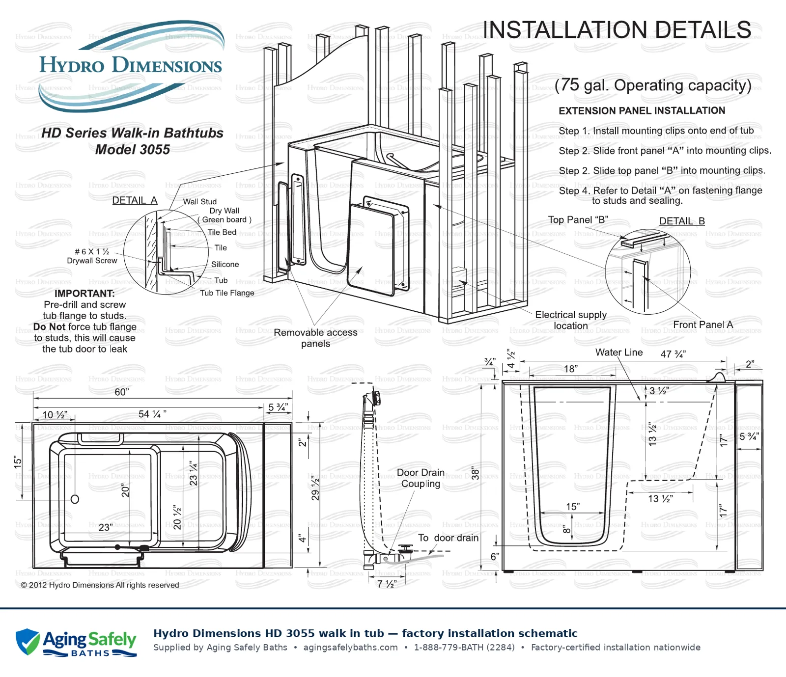 Hydro Dimensions 3055 walk in tub factory installation schematic: top view, side view and end view with every dimension