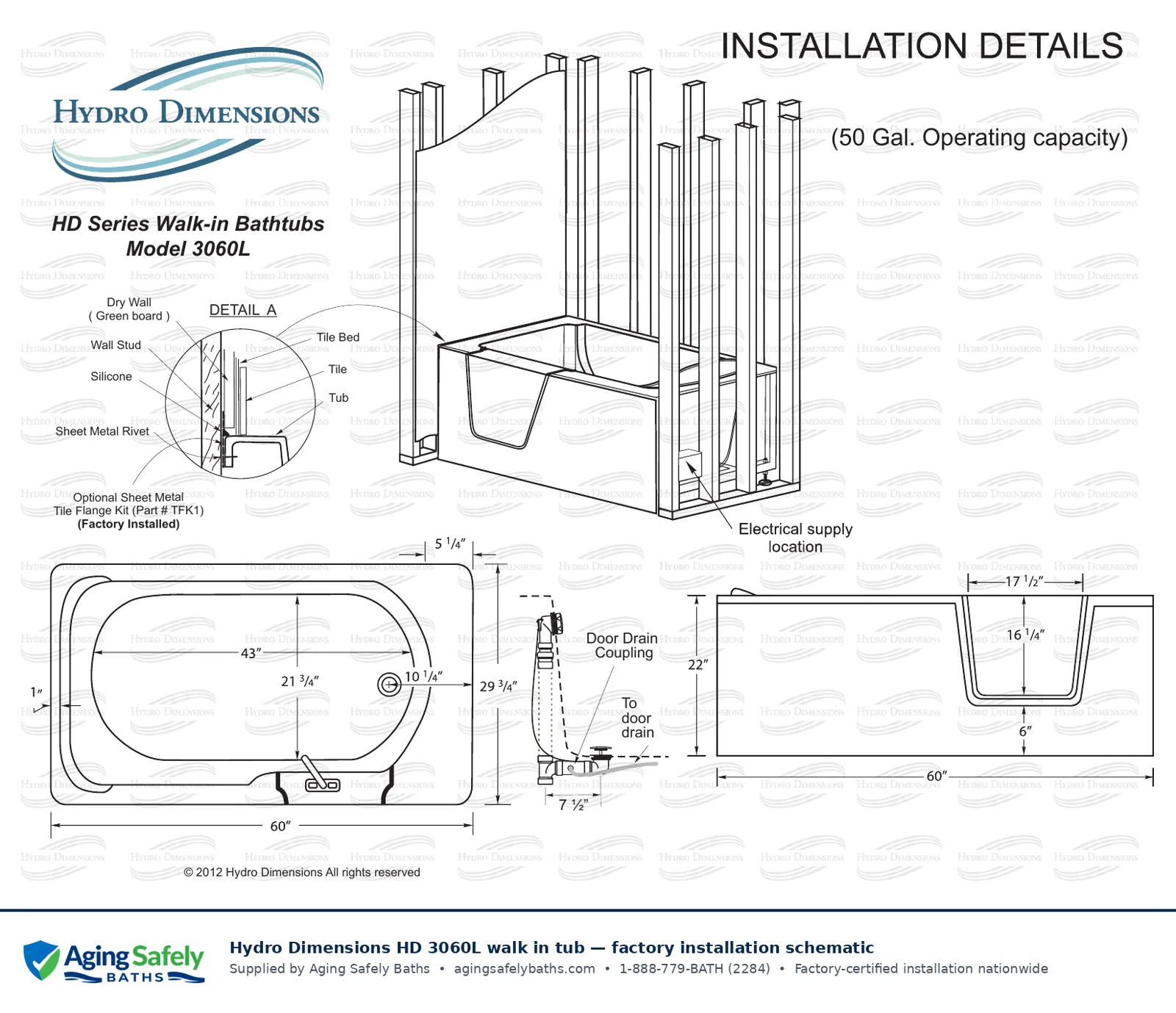Hydro Dimensions 3060L walk in tub factory installation schematic: top view, side view and end view with every dimension