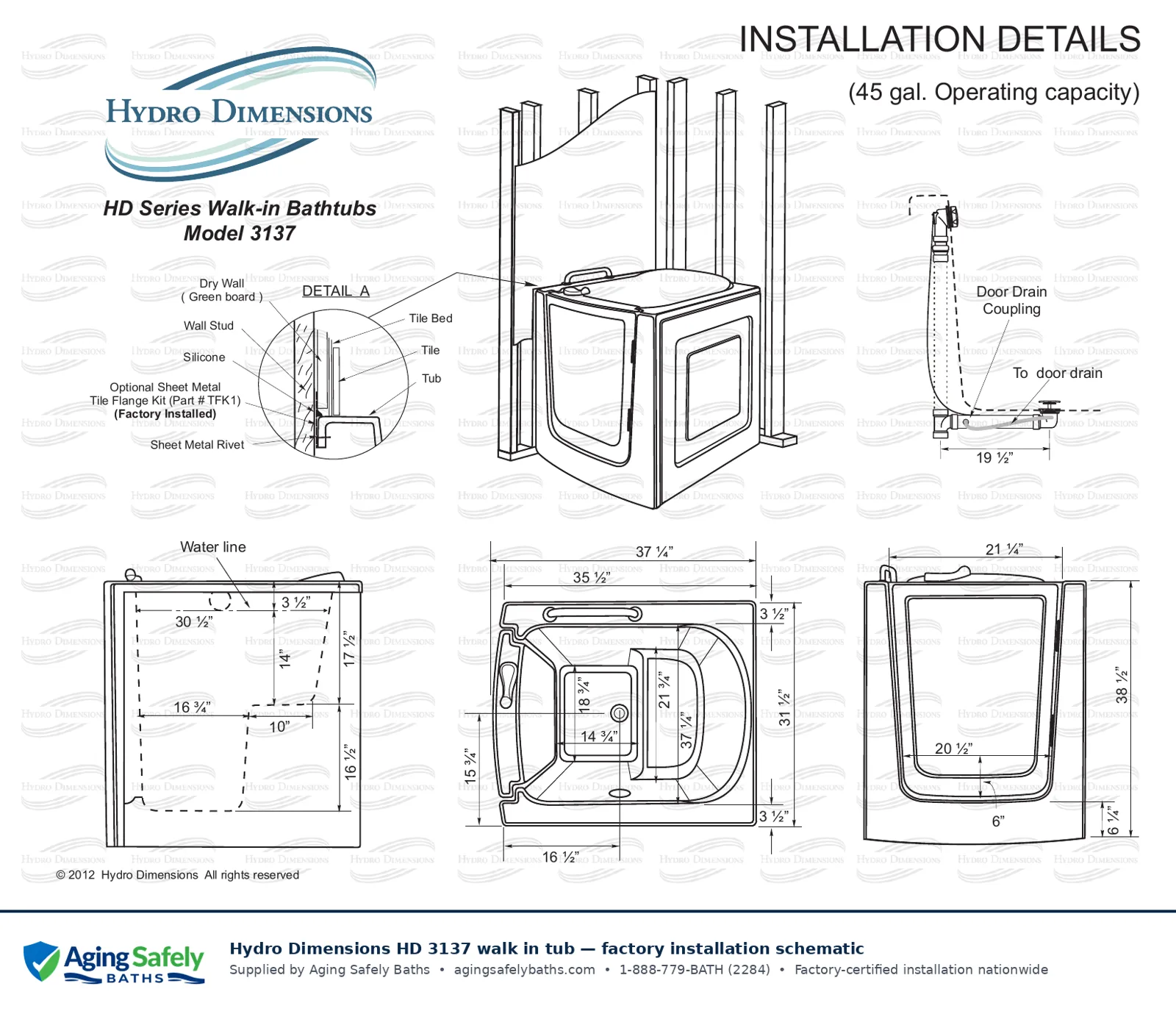 Hydro Dimensions 3137 walk in tub factory installation schematic: top view, side view and end view with every dimension