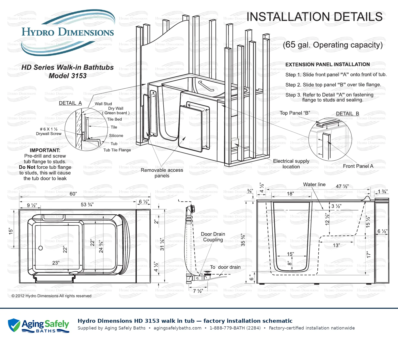 Hydro Dimensions 3153 walk in tub factory installation schematic: top view, side view and end view with every dimension