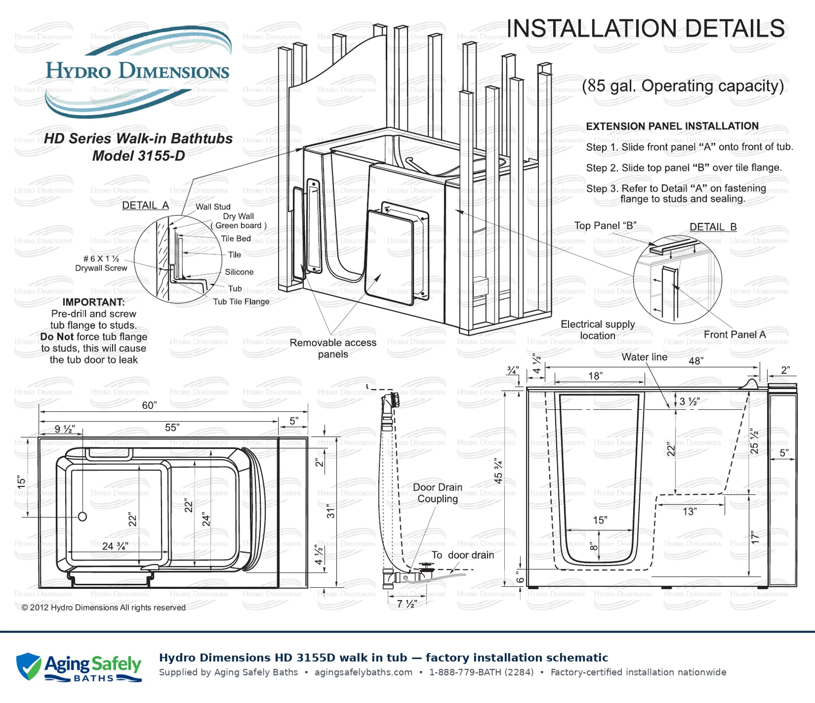 Hydro Dimensions 3155D walk in tub factory installation schematic: top view, side view and end view with every dimension