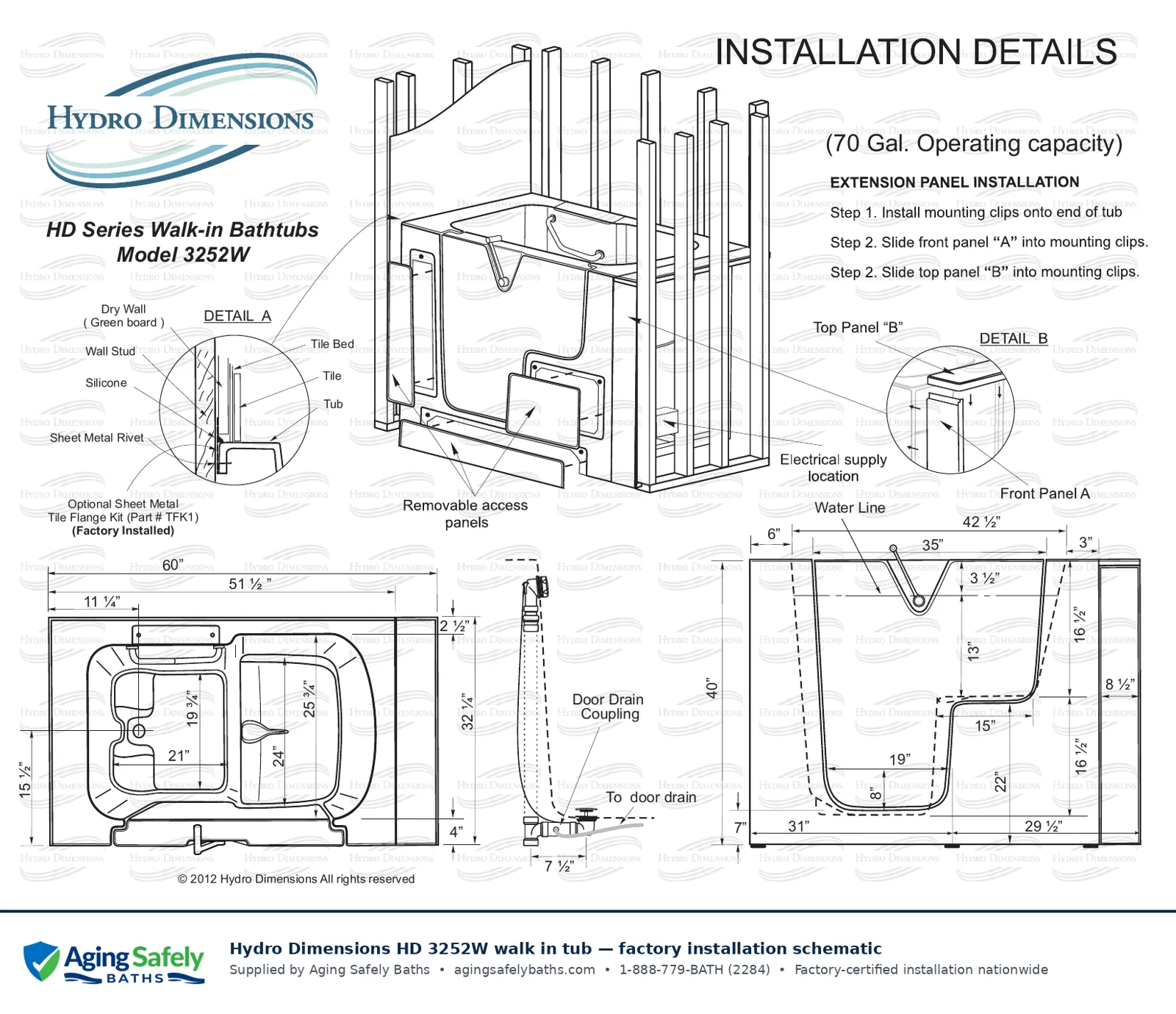 Hydro Dimensions 3252W walk in tub factory installation schematic: top view, side view and end view with every dimension