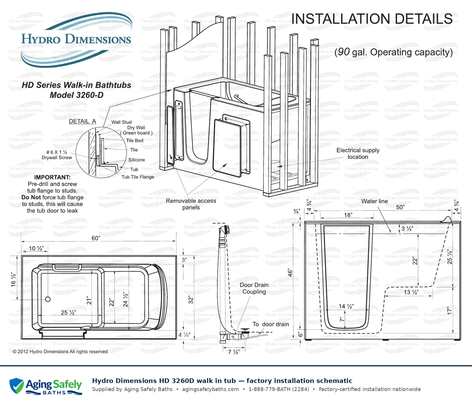 Hydro Dimensions 3260D walk in tub factory installation schematic: top view, side view and end view with every dimension