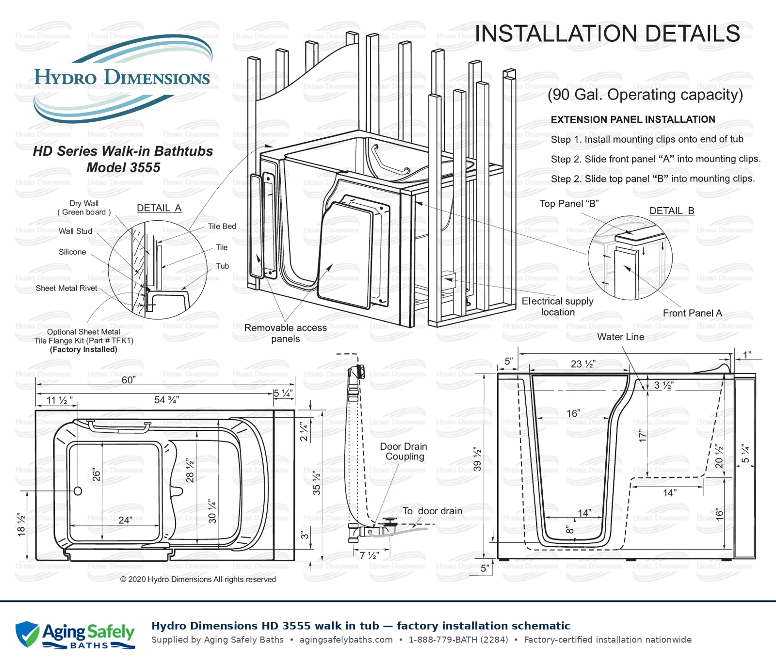 Hydro Dimensions 3555 Plus walk in tub factory installation schematic: top view, side view and end view with every dimension